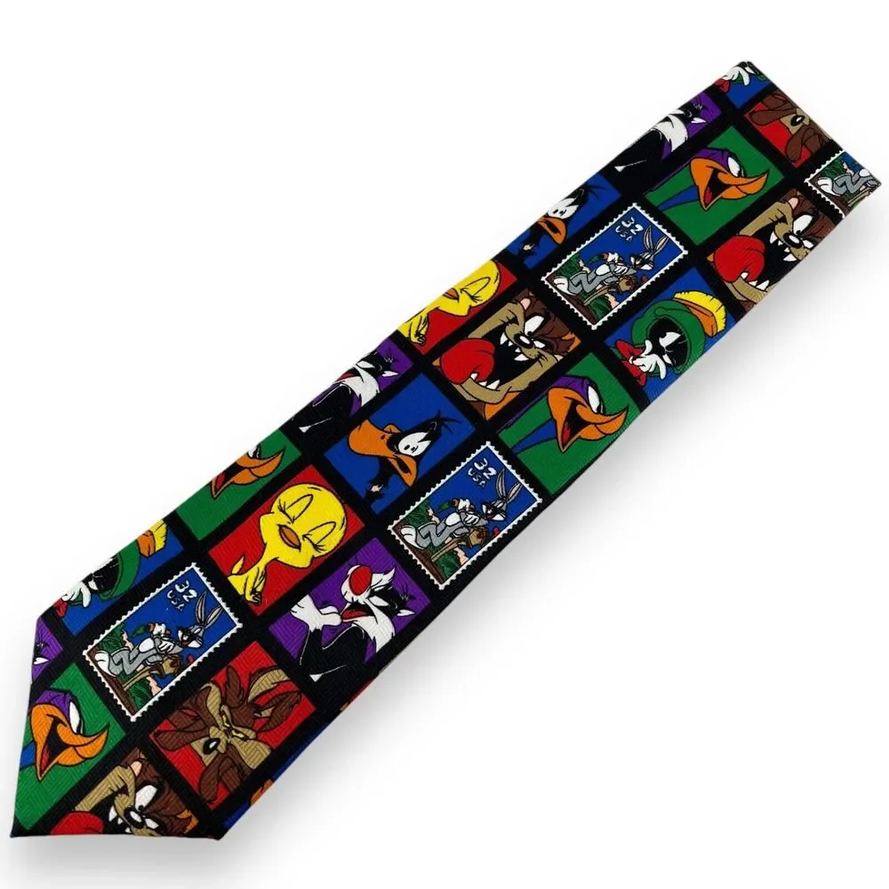 Vintage Looney Tunes Necktie Men Black Shirt Tie Geometric Stamp Pattern Cartoon